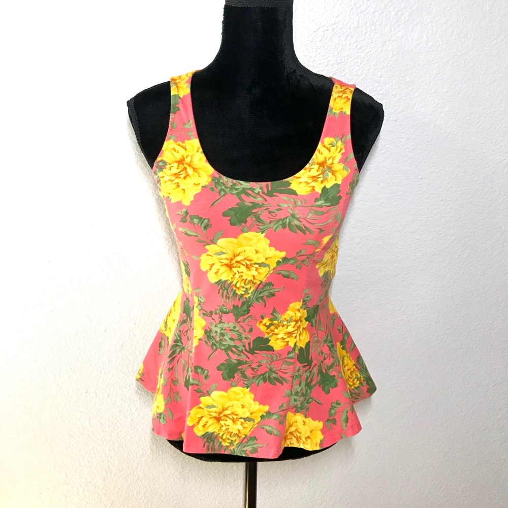 Charlotte Russe Pink Floral Peplum Tank Top with Yellow Flowers